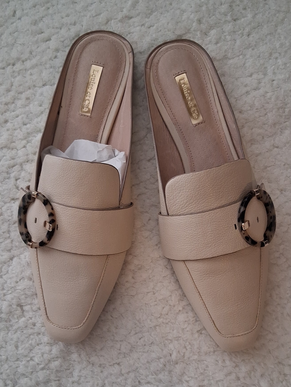 Louise et Cie Cream Leather Slip-On Mules with Tortoiseshell Buckle